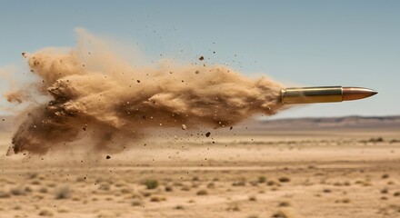 Bullet Firing Through Air Causing Sand Cloud in Desert Landscape
