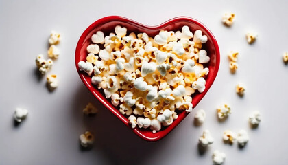 Red heart-shaped bowl of popcorn. 
