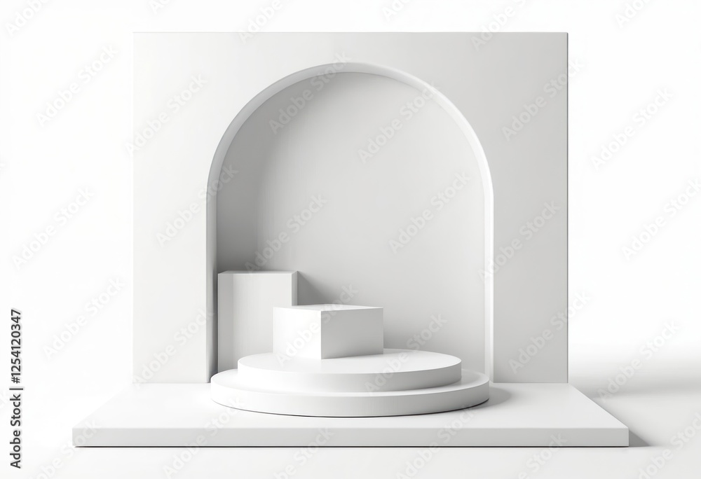 Poster white booth display with minimalist design. exhibition expo with racked platform, pedestal dais. cle