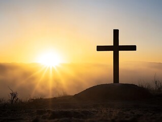 Cross at sunrise with light over empty tomb