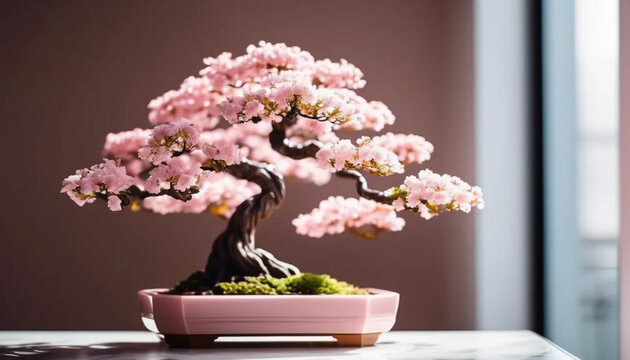 Pinkk bonsai tree on white marble shelf.