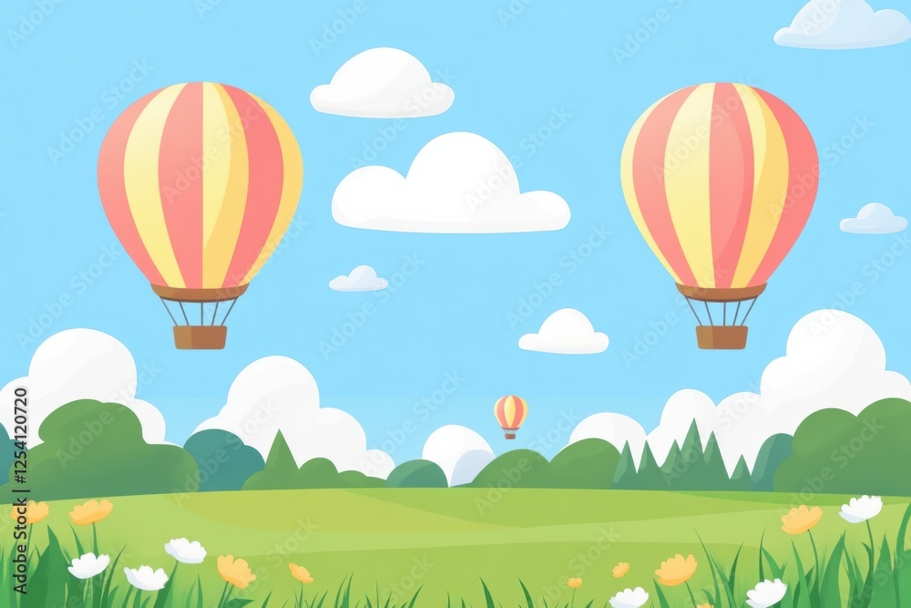 Poster hot air balloons ascend over vibrant fields with gentle clouds under a clear sky. generative ai