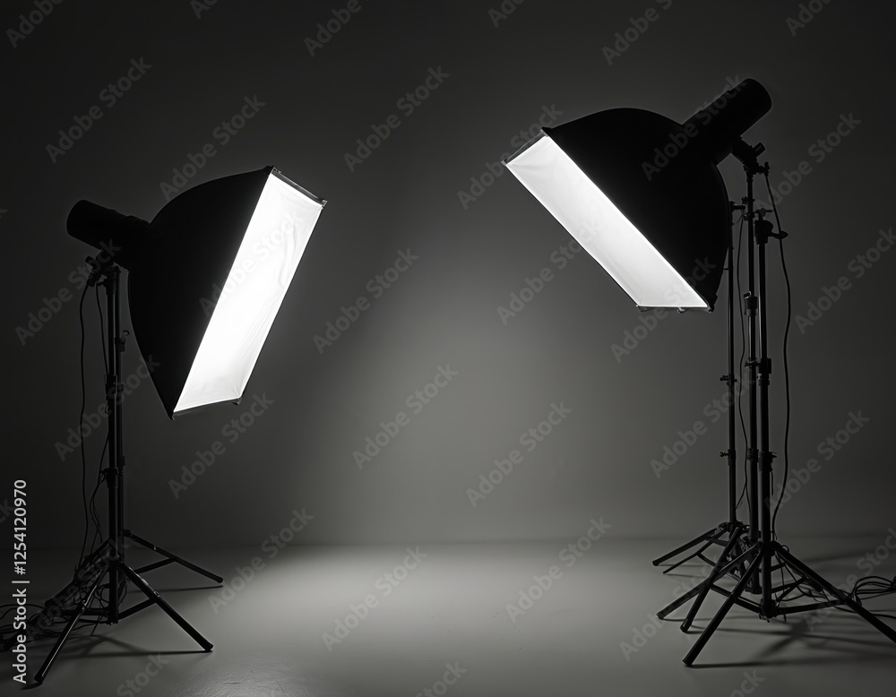 Aufkleber monochrome photo studio setup with contrasting lights and shadows. two sleek softbox lights mounted 