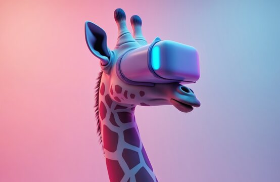 Giraffe wears sleek VR headset with visible lens. Modern funny design, futuristic animal entertainment content. Metaverse digital pet concept, virtual reality leisure. Pink gradient background.