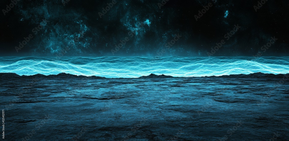Poster Neural network visualized in 3D form. It encompasses themes of big data and cybersecurity. Data stream is shown prominently. The scene also includes a global database and stock information. The