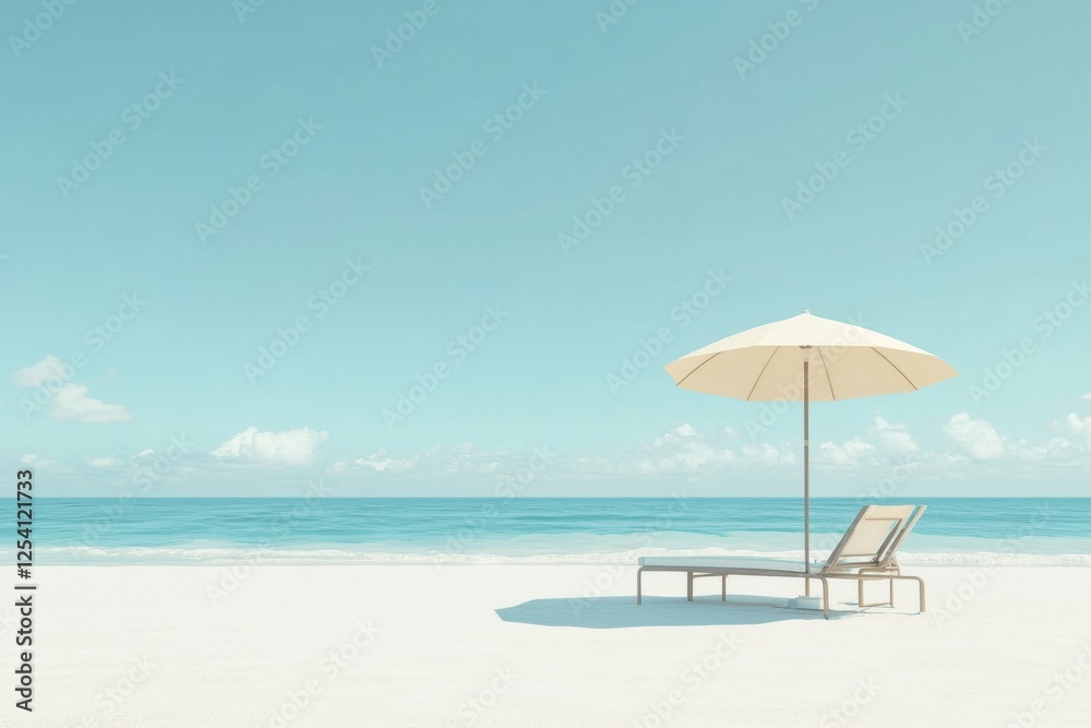 Aufkleber relaxing lounge chair under an umbrella at a beach with calm waves and clear sky inviting serenity a