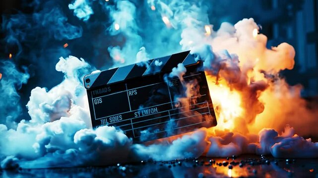 A clapper board in the middle of a cloud filled with smoke and fire