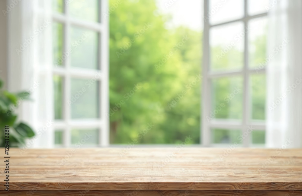 Poster empty wooden table in front of blurred open window with green garden background. display mockup for 