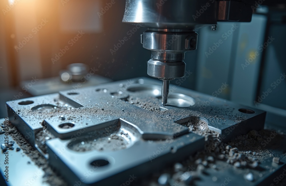 Aufkleber CNC milling machine rough cuts injection mold part with indexable endmill tool. Metalwork process, precision steel engineering. Automated industrial tech manufacturing production.