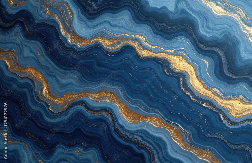 Poster Abstract marble texture background with navy blue and gold swirls. Dynamic pattern of fluid artwork with high contrast, glistening veins, for digital design projects.