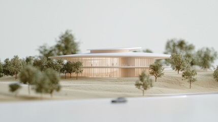 Modern building model, light beige, landscaping, trees, simulated outdoor setting, for architectural presentation