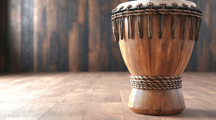 Unique wooden drum displayed in a rustic interior setting with textured wooden walls and warm lighting