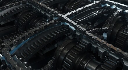 Fototapeta premium Close-up View of Complex Black Gears and Chains Interconnected Mechanism