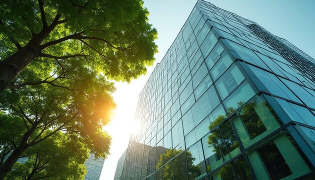 Bottom view of sustainable glass office building with tree. Eco-friendly corporate building reduces carbon dioxide. Modern architecture with green environment, energy saving, futuristic structure.