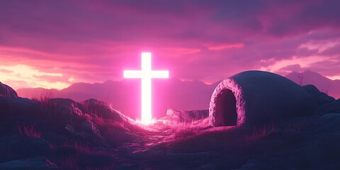 Resurrection with glowing cross and morning sky