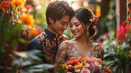 Couple posing for photos in a beautiful garden during a cultural event with traditional clothing and a stunning backdrop