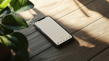 Phone Mockup on a Wooden Table A phone mockup displayed on a wooden table, featuring a customizable screen design for apps or websites.