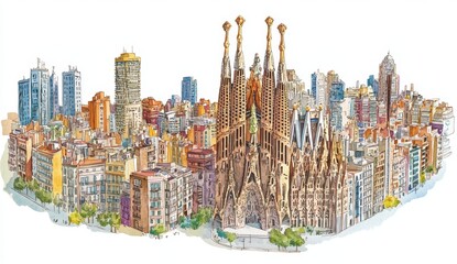 Barcelona cityscape illustration, Sagrada Familia, travel guide