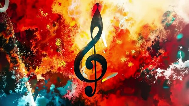 A treble clef on a colorful background of smoke and fire