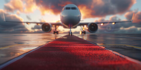 Sleek airplane on runway with red carpet leading to it illuminated by colorful sunset in background