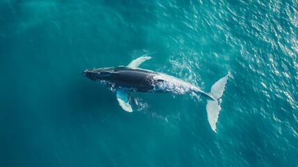 Fototapeta premium Whales swimming gracefully under warm golden light through shimmering ocean depths