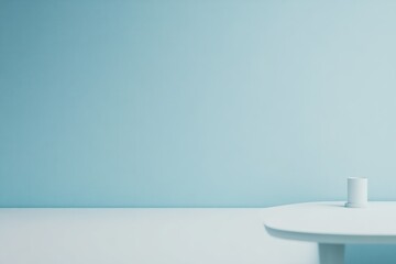 Minimalist blue room, white table, cup, product display