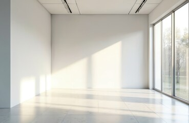 Sunny modern empty gallery with blank white wall mockup. Clean large hall interior with wide banner exposition template. Contemporary art exhibitions, office background.