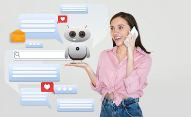 Lady is speaking on the phone while interacting with a virtual assistant displayed on her palm. The...