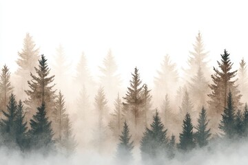 Fototapeta premium Misty forest landscape, fog, trees, autumn, nature, wallpaper, design, illustration, serene, background