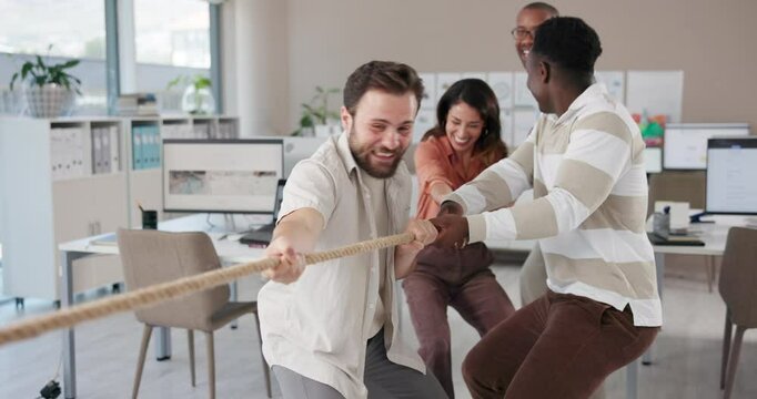 People, rope and team building with tug of war for competition, activity or challenge at office. Diversity, employees or colleagues pulling with string for communication, coordination or synergy
