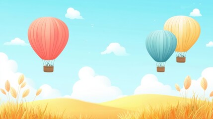 Obraz premium Hot air balloons drift gracefully over expansive golden fields under a clear blue sky during a sunny day. Generative AI