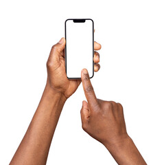 Man using smart phone with blank screen isolated on transparent or white background	