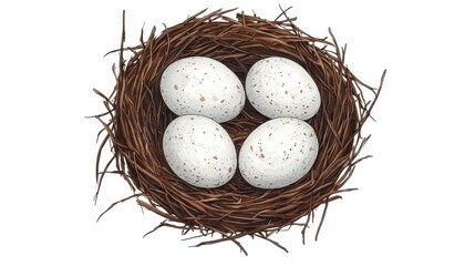 Fototapeta premium A nest containing four speckled white eggs, surrounded by twigs, symbolizing nature and new life.