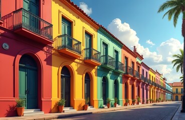 Colorful colonial architecture in Zona Colonial, Santo Domingo, Dominican Republic. Vivid caribbean buildings facade with balconies. Travel destination. Urban landscape. Old town street with palms.