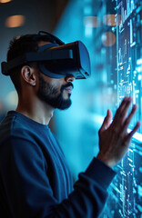 Software engineer interacts with virtual reality interface using vr headset. Developer coding, programming. Futuristic innovation, visual cyberspace, information datum. Connection to network.