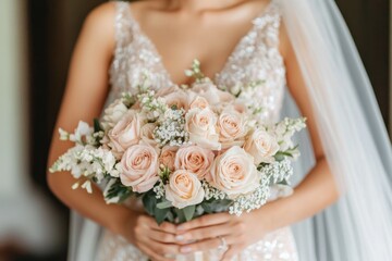 Naklejka premium Bride holding a beautiful blush rose bridal bouquet
