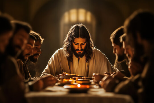 Jesus Christ at Last Supper with 12 Disciples