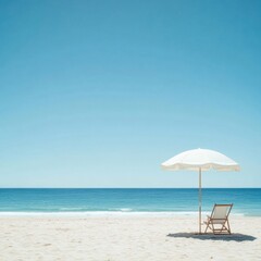 Relaxing beach getaway with a lounge chair, umbrella, and gentle ocean waves under a clear blue sky. Generative AI