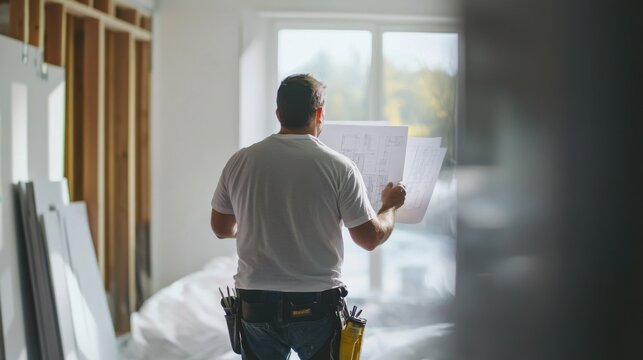 An intimate portrait of a construction foreman reviewing project plans and timelines with subcontractors at a city renovation site, Urban renovation scene, Project coordination style