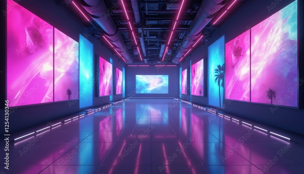 Aufkleber virtual tv show background with neon lights, screens. ideal for tech infomercials, launch events. mo