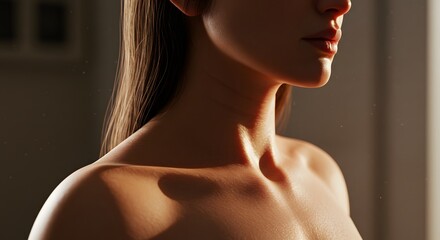 Elegant Woman's Shoulders and Neck Bathed in Warm Sunlight with Soft Shadows