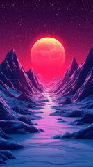 Fototapeta premium Mystical Starry Night Landscape: Vibrant Digital Art of Mountains at Sunrise with Fantasy Reflections in River and Surreal Purple Moonlight
