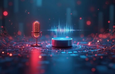 AI voice support device concept. Microphone with soundwaves. Smart assistant, modern tech product, futuristic design. Voice controlled technology, wireless sound, smart home automation assistance in