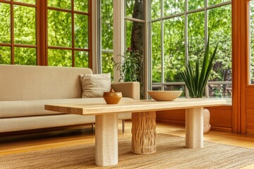 Modern living room with a wooden coffee table and natural light