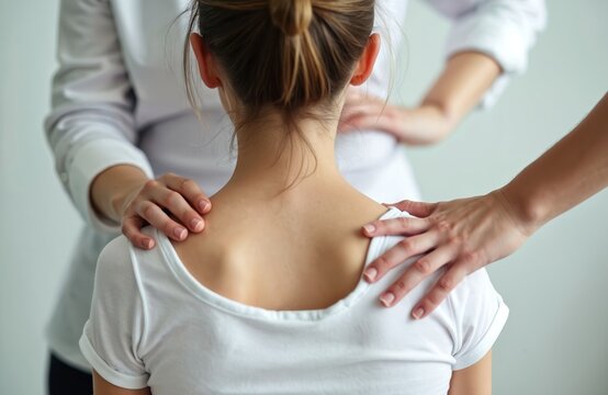 Teen girl back being adjusted by chiropractor. Osteopathy physiotherapy kinesiology bad posture correction to promote health. Doctor treats spinal problems. Improving well-being, provides pain relief.
