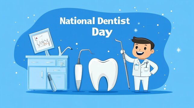 National Dentist Day vector illustration with tooth, dental tools, and a dentist on a blue background for poster design
