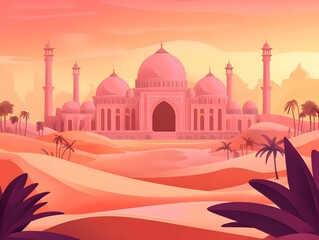 Majestic Mosque in Desert Landscape Sunset