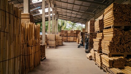 Bamboo Lumber Warehouse: Stacks of  Golden Brown Poles in Industrial Setting