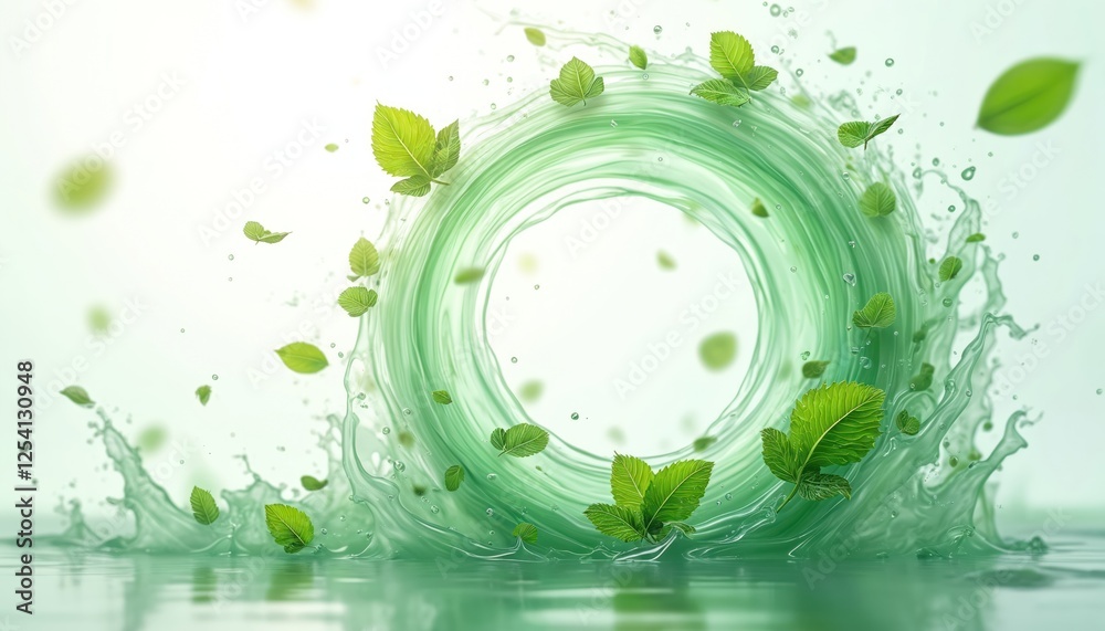 Aufkleber illustration of flying mint leaves with abstract wind swirls. green fresh foliage whirls in air. tra