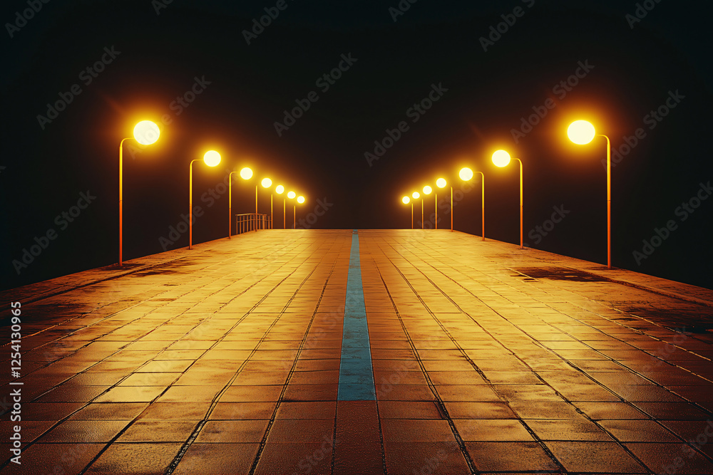 Wall mural into the unknown: a mysterious pathway illuminated by a string of streetlights stretches out into th